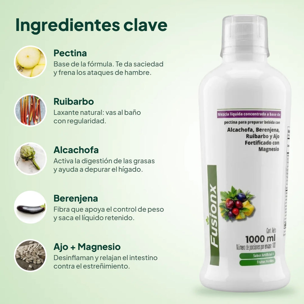 Ingredientes clave de FusionX: pectina, ruibarbo, alcachofa, berenjena, ajo y magnesio