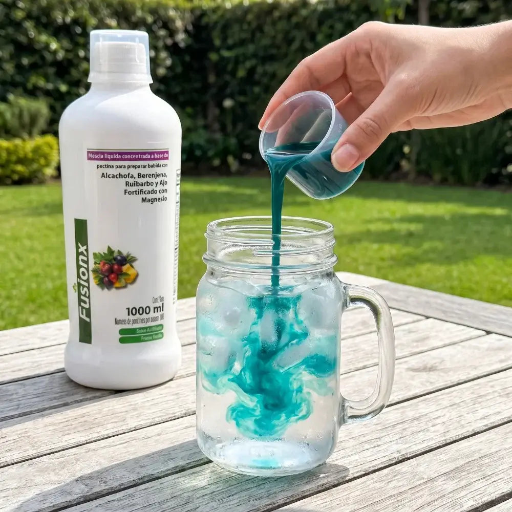 FusionX concentrado sirviéndose en un vaso con agua y hielo